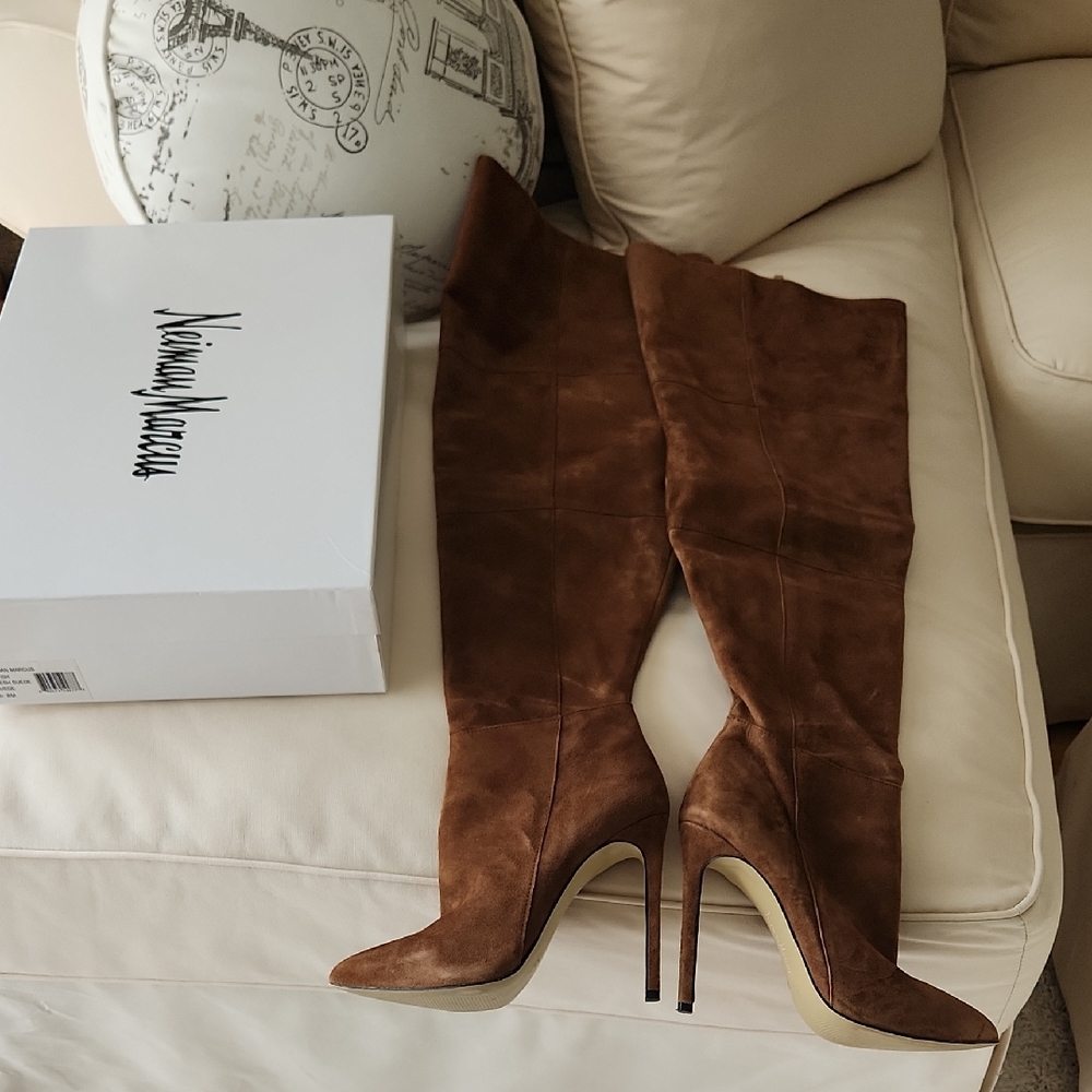 Neiman Marcus Tan Suede Over-the-Knee Boots